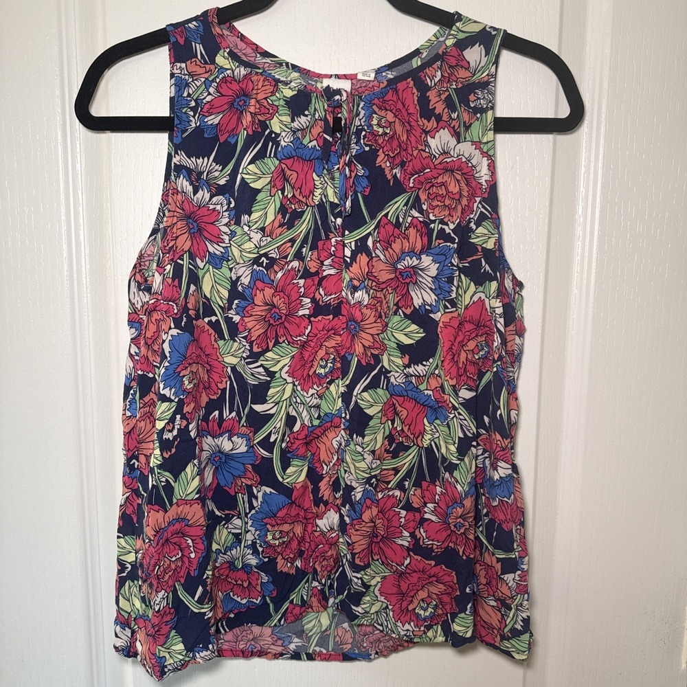 Gap Women's M Navy Floral Print Sleeveless Tie Neck Blouse Boho Rayon
